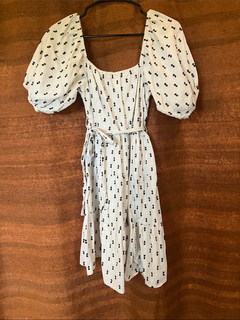 Cream Puff-Sleeve Mini Dress with Black Dot Print